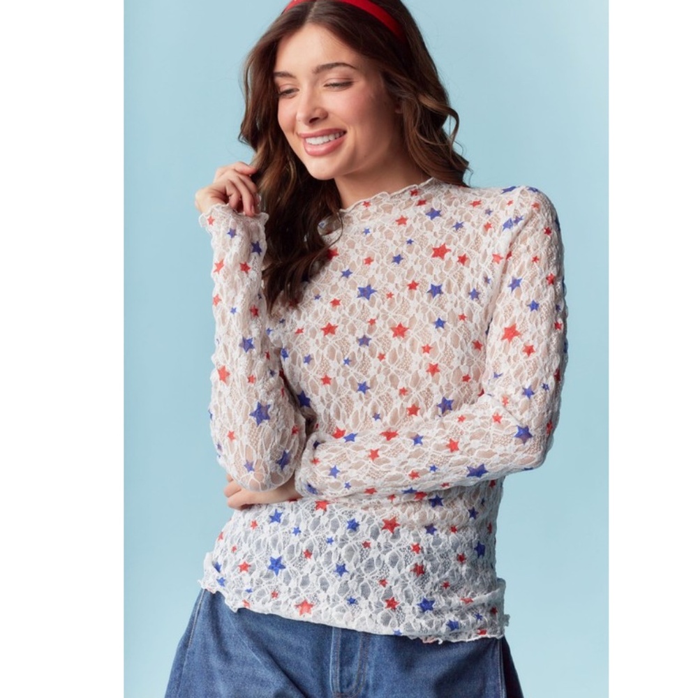 Sheer Star-Pattern Long Sleeve Top - White with Red & Blue Stars